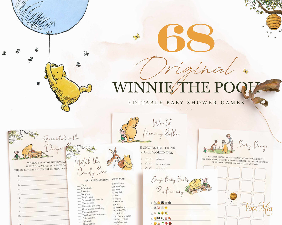 Winnie the Pooh Baby Animal Shower Game , Classic Winnie the Pooh Baby  Shower Games, Editable Winnie the Pooh Baby Shower Game CWG 